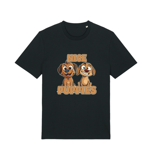 black matching t-shirt with the graphic of two puppies and the slogan 'nice puppies'