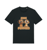 black matching t-shirt with the graphic of two puppies and the slogan 'nice puppies'