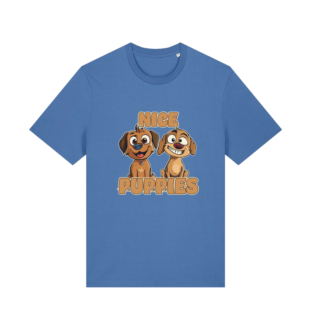 blue matching t-shirt with the graphic of two puppies and the slogan 'nice puppies'