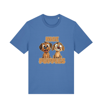 blue matching t-shirt with the graphic of two puppies and the slogan 'nice puppies'