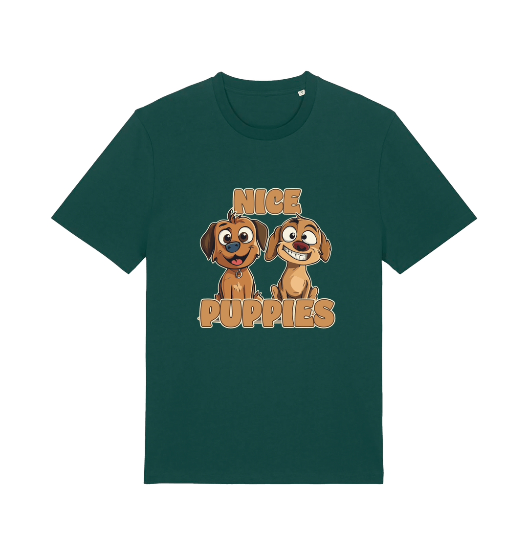 green matching t-shirt with the graphic of two puppies and the slogan 'nice puppies'