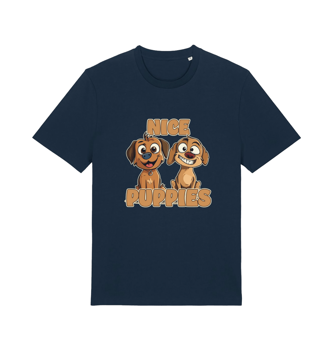 navy matching t-shirt with the graphic of two puppies and the slogan 'nice puppies'