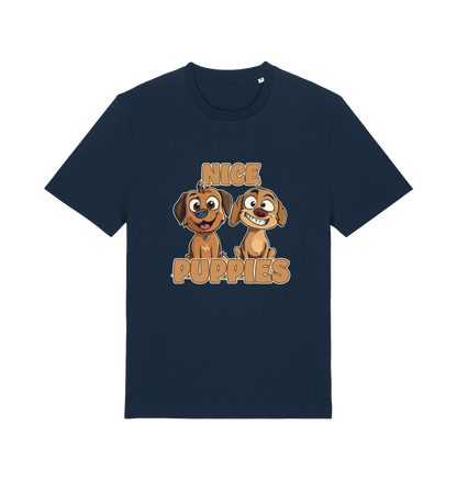 navy matching t-shirt with the graphic of two puppies and the slogan 'nice puppies'