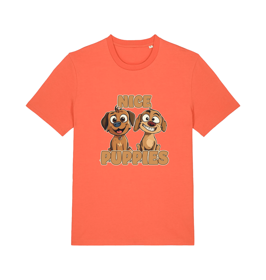 orange matching t-shirt with the graphic of two puppies and the slogan 'nice puppies'