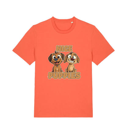 orange matching t-shirt with the graphic of two puppies and the slogan 'nice puppies'