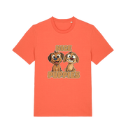orange matching t-shirt with the graphic of two puppies and the slogan 'nice puppies'