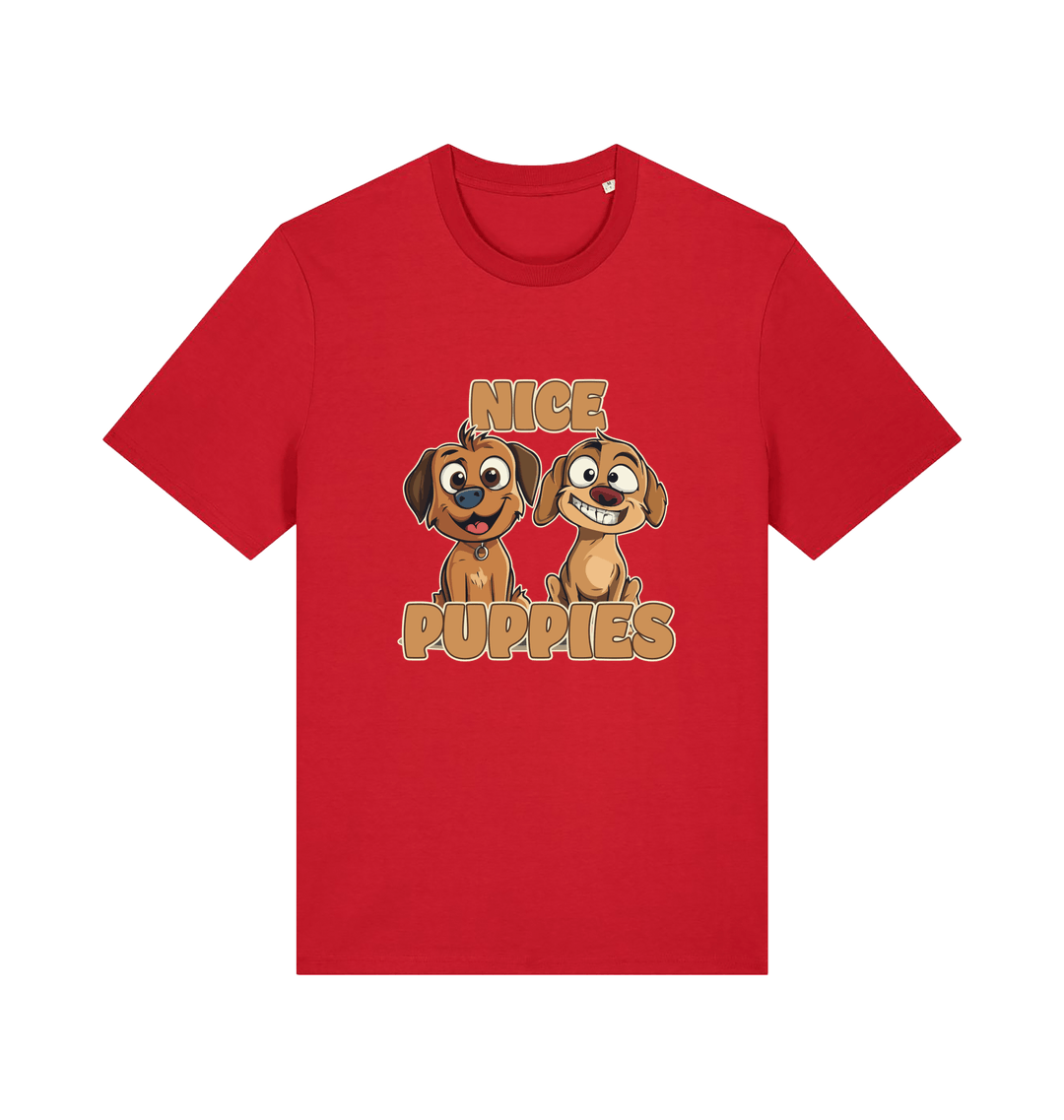 red matching t-shirt with the graphic of two puppies and the slogan 'nice puppies'