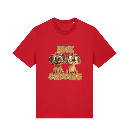 red matching t-shirt with the graphic of two puppies and the slogan 'nice puppies'