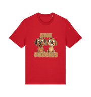 red matching t-shirt with the graphic of two puppies and the slogan 'nice puppies'