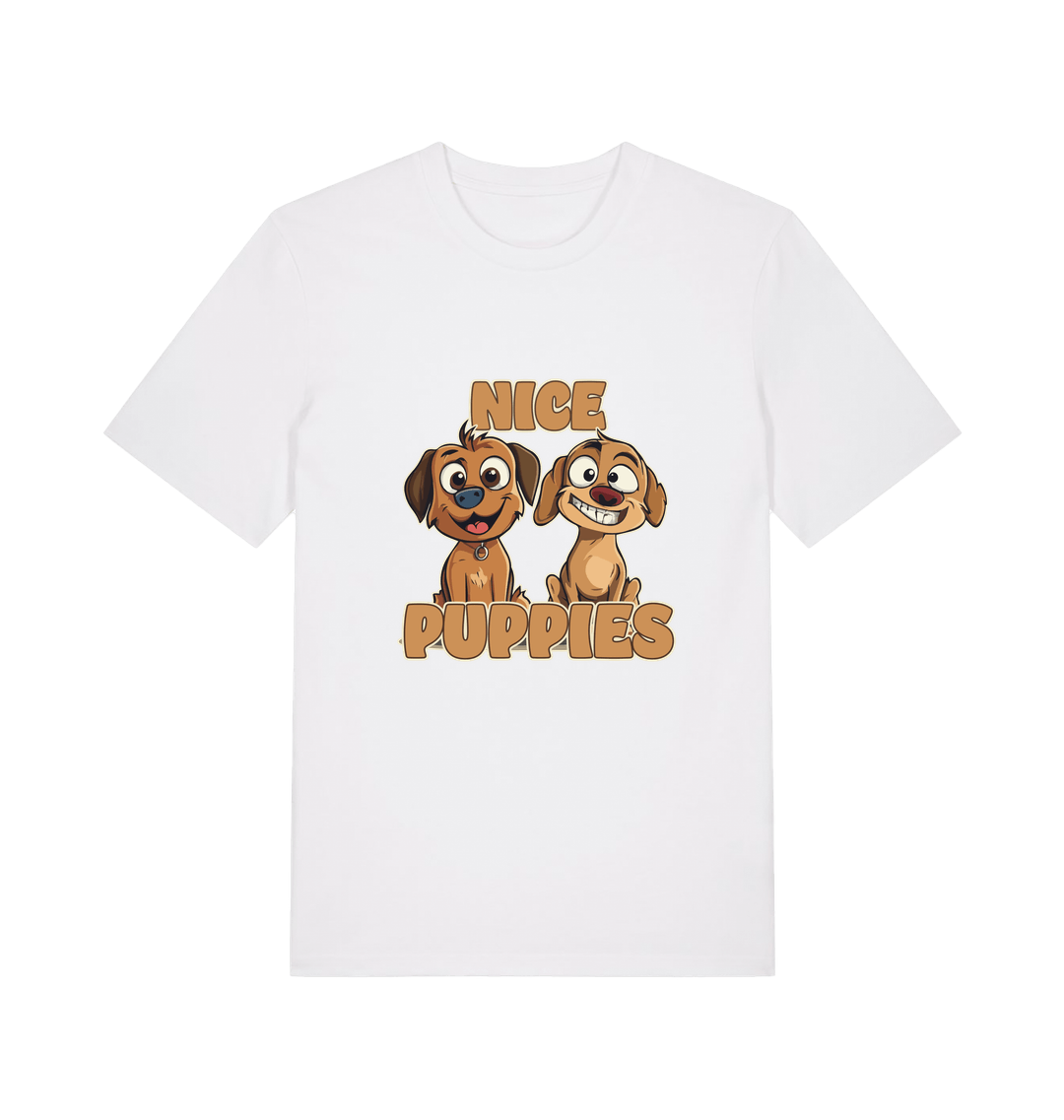 white matching t-shirt with the graphic of two puppies and the slogan 'nice puppies'