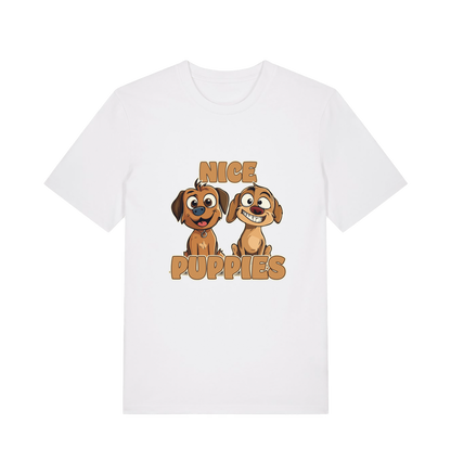 white matching t-shirt with the graphic of two puppies and the slogan 'nice puppies'