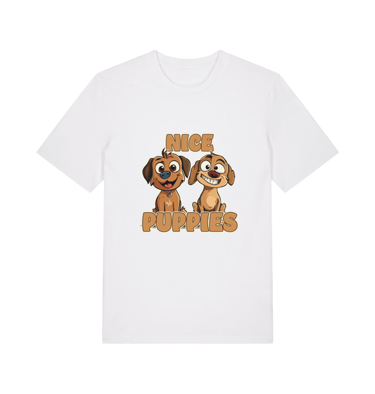 white matching t-shirt with the graphic of two puppies and the slogan 'nice puppies'