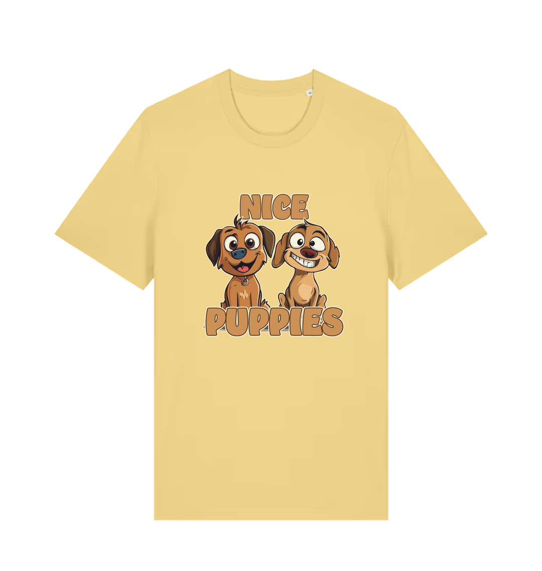 yellow matching t-shirt with the graphic of two puppies and the slogan 'nice puppies'