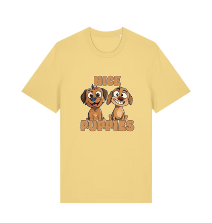 yellow matching t-shirt with the graphic of two puppies and the slogan 'nice puppies'