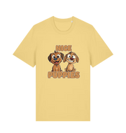 yellow matching t-shirt with the graphic of two puppies and the slogan 'nice puppies'