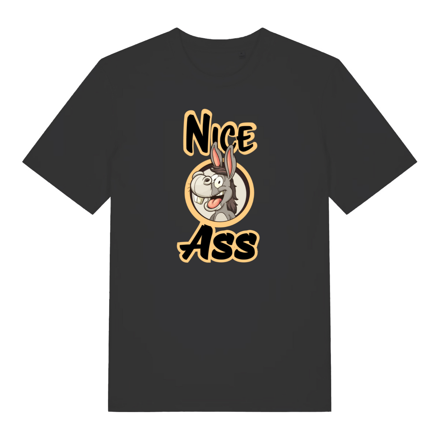 black funny offensive t-shirt with the graphic of a donkey and the slogan 'nice ass'