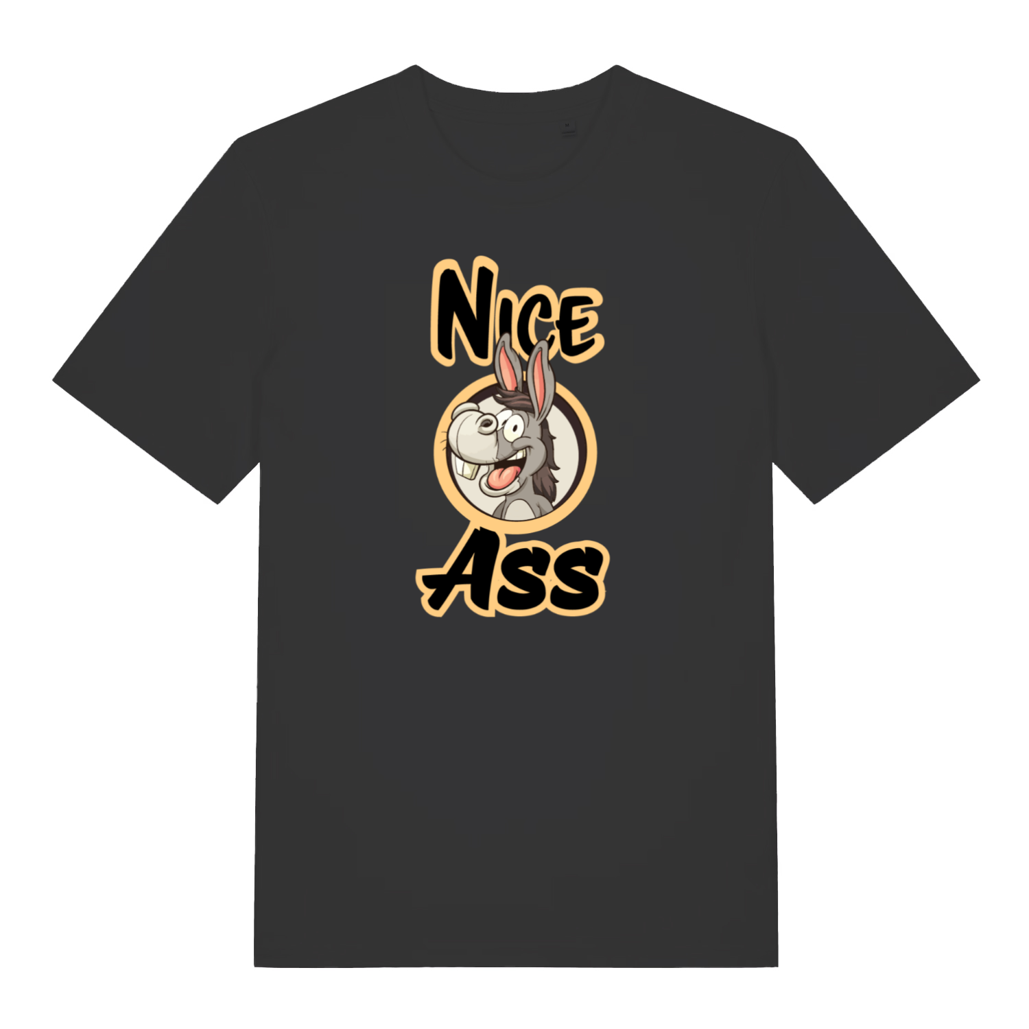black funny offensive t-shirt with the graphic of a donkey and the slogan 'nice ass'