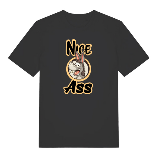 black funny offensive t-shirt with the graphic of a donkey and the slogan 'nice ass'