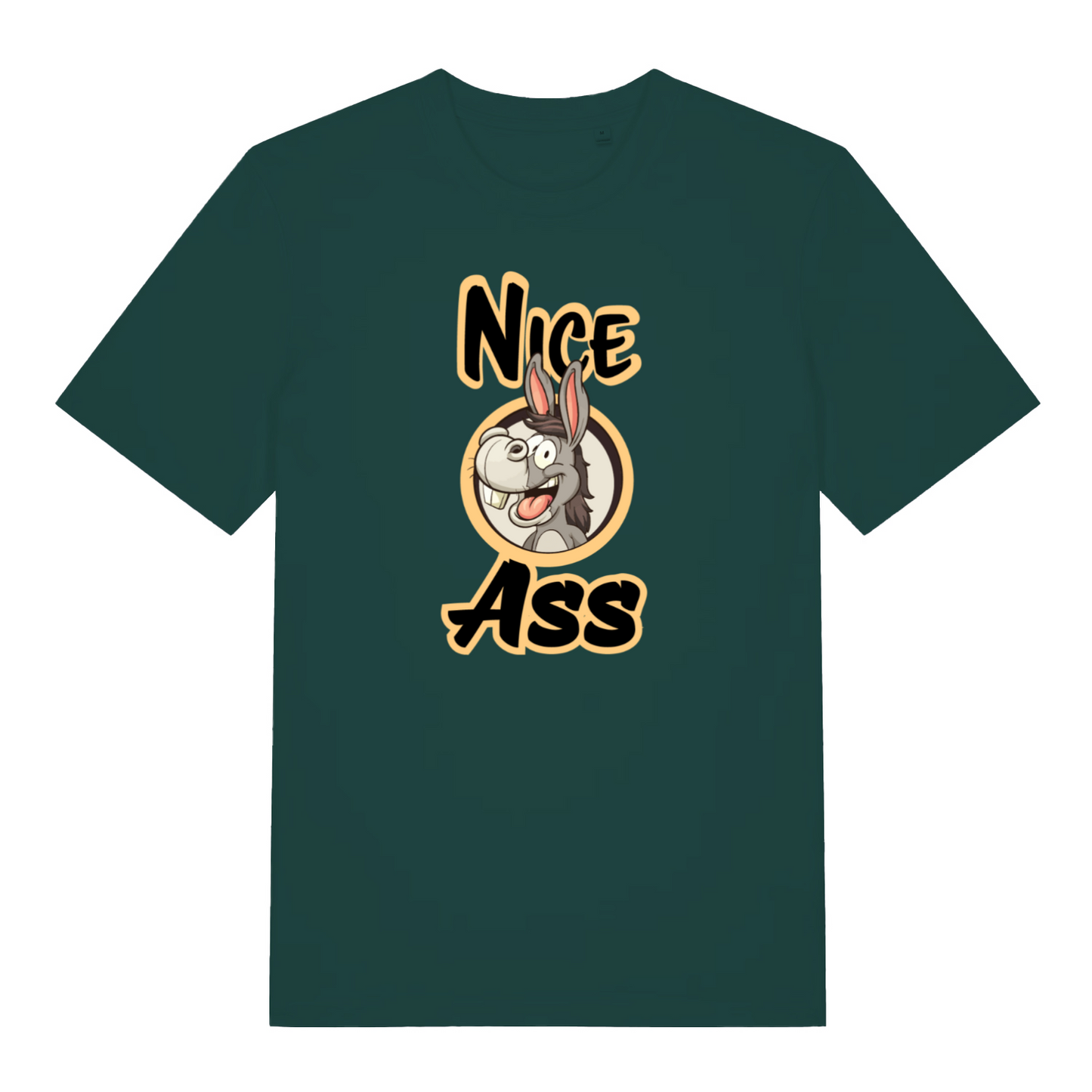 green funny offensive t-shirt with the graphic of a donkey and the slogan 'nice ass'