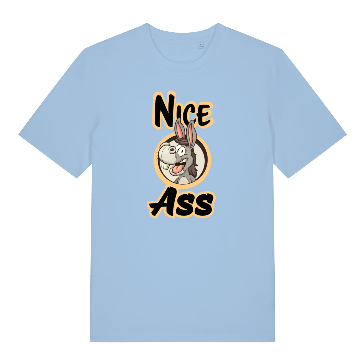 light blue funny offensive t-shirt with the graphic of a donkey and the slogan 'nice ass'