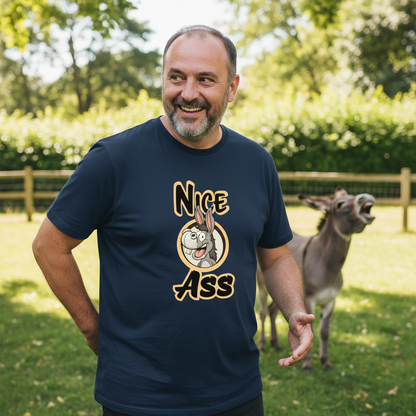 Man wearing a navy blue t-shirt with a graphic design of a donkey and text, standing outdoors with a donkey in the background.