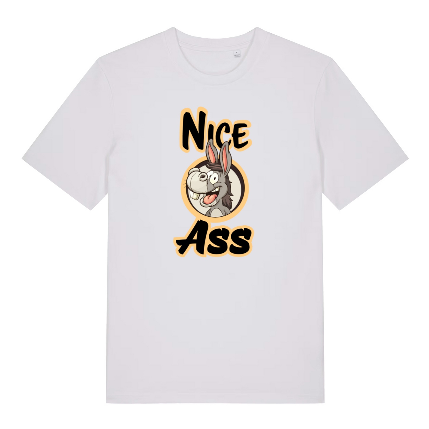 white funny offensive t-shirt with the graphic of a donkey and the slogan 'nice ass'