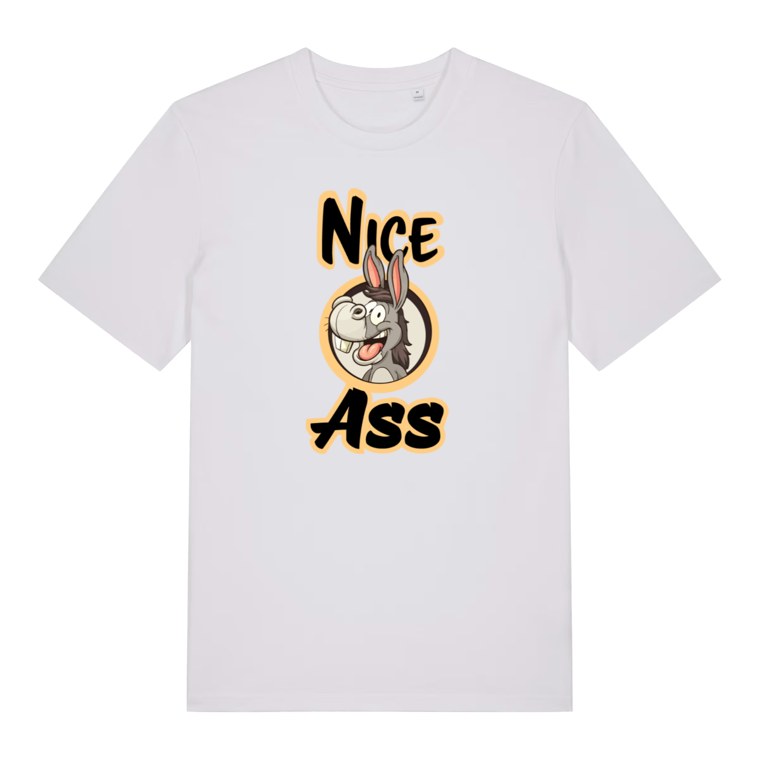 white funny offensive t-shirt with the graphic of a donkey and the slogan 'nice ass'