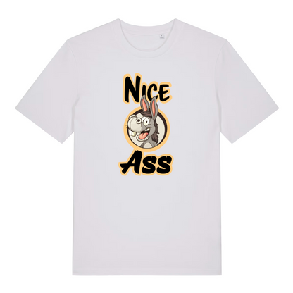white funny offensive t-shirt with the graphic of a donkey and the slogan 'nice ass'