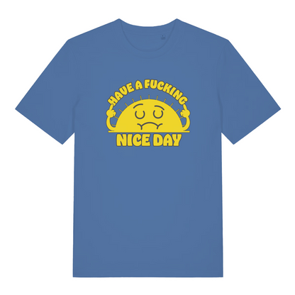 blue graphic t-shirt with e cartoon sunshine and the slogan 'have a fucking nice day'