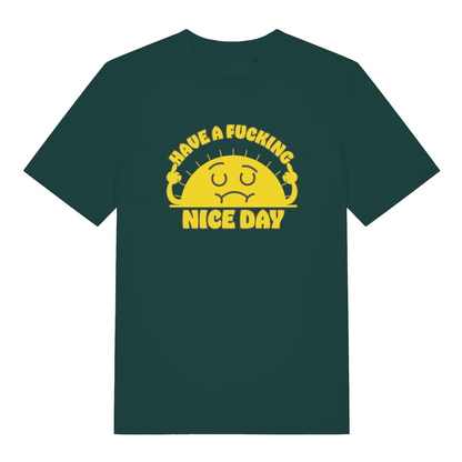 green graphic t-shirt with e cartoon sunshine and the slogan 'have a fucking nice day'