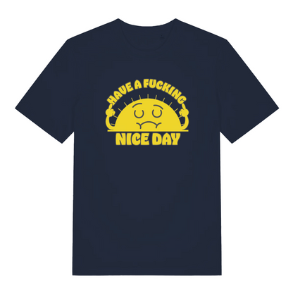 navy graphic t-shirt with e cartoon sunshine and the slogan 'have a fucking nice day'