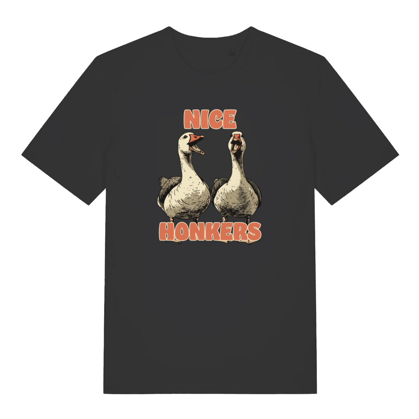 black matching t-shirt with the graphic of two geese and the slogan 'nice honkers'
