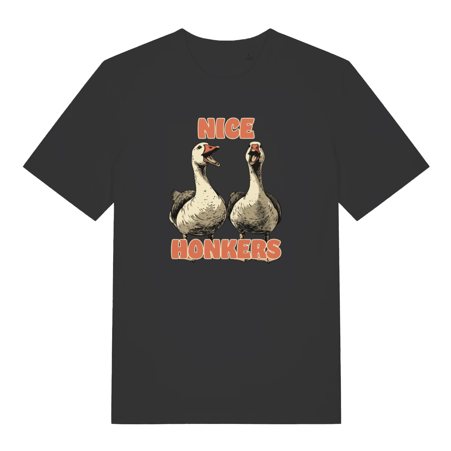 black matching t-shirt with the graphic of two geese and the slogan 'nice honkers'