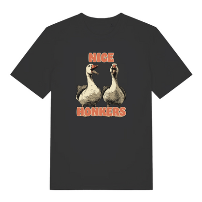 black matching t-shirt with the graphic of two geese and the slogan 'nice honkers'