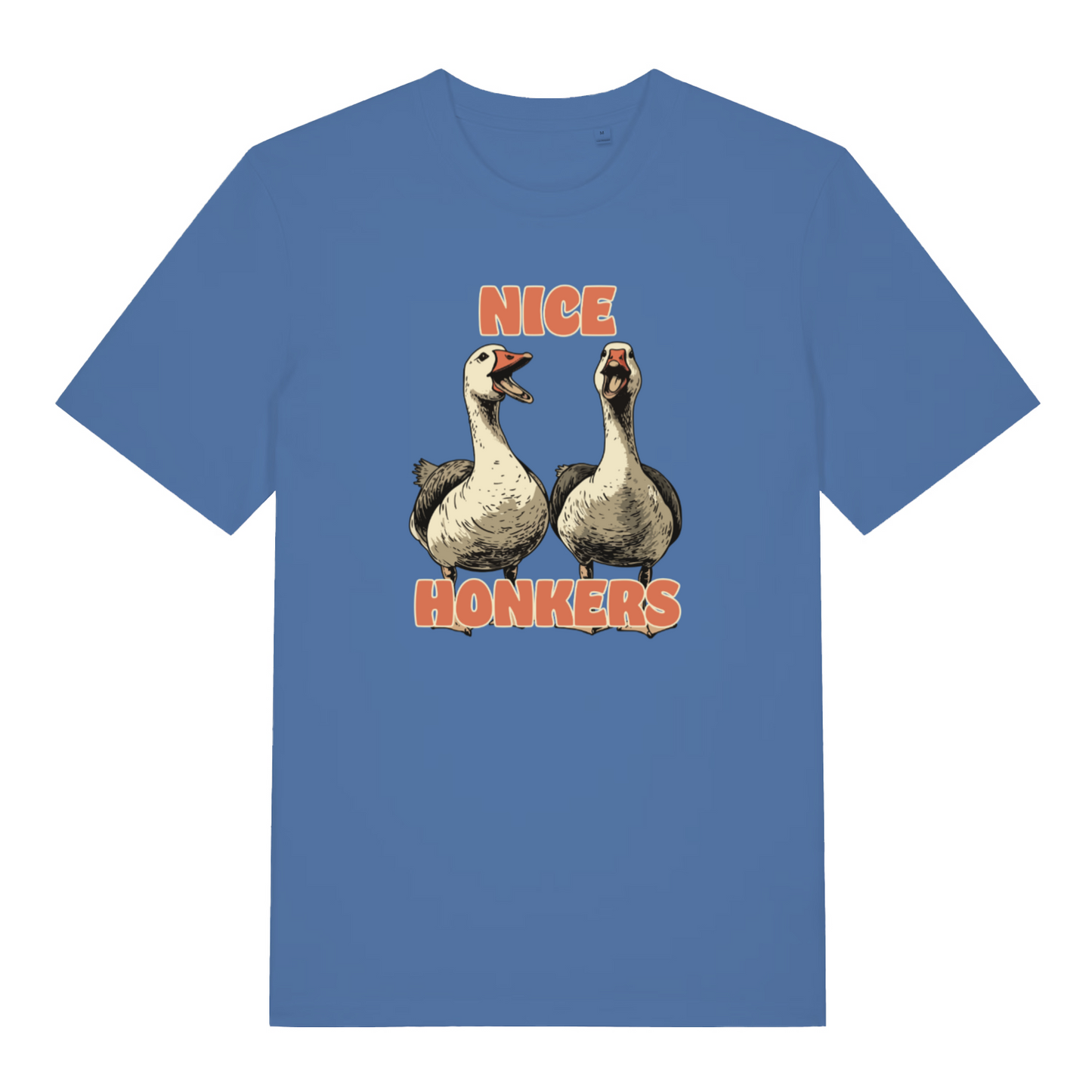 blue matching t-shirt with the graphic of two geese and the slogan 'nice honkers'