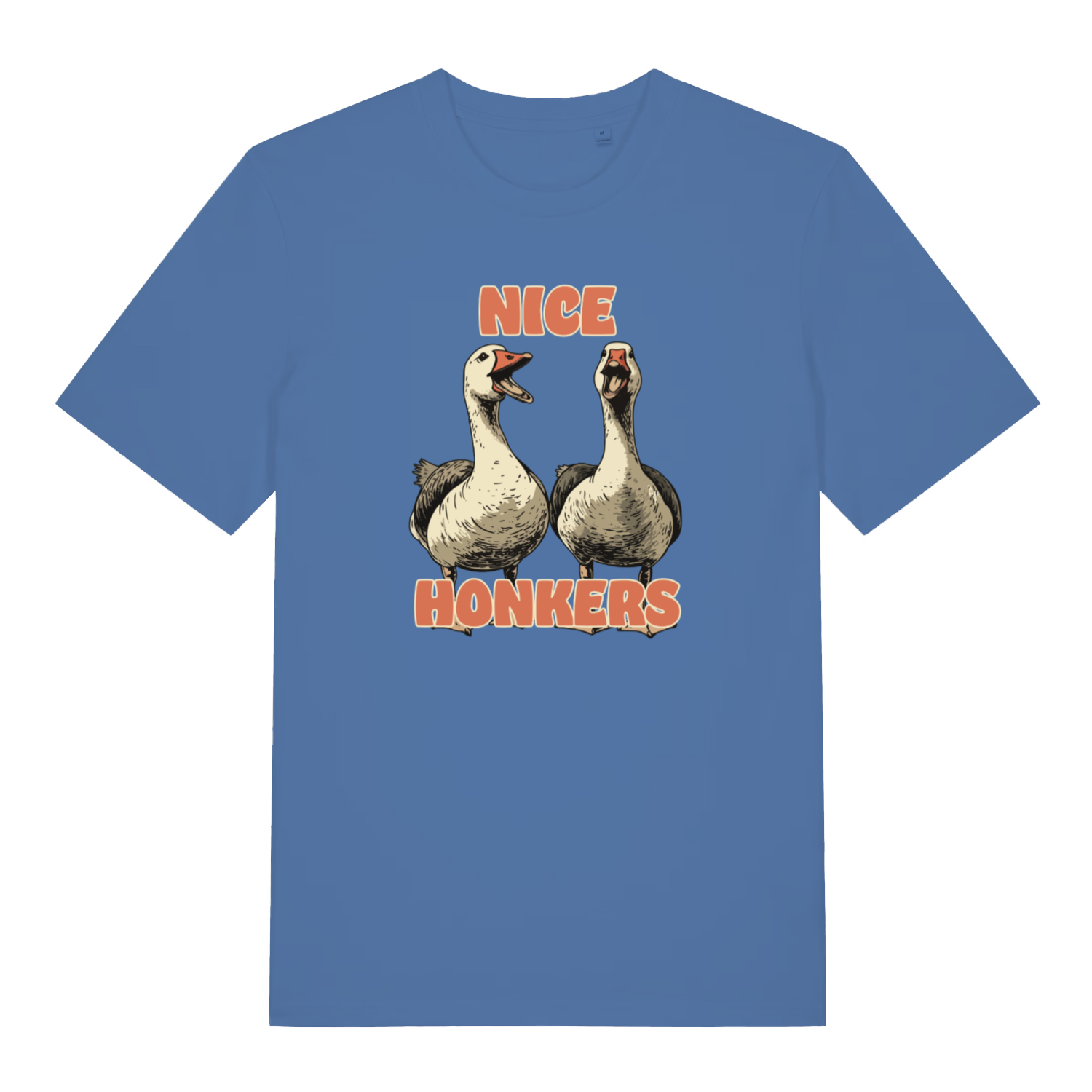 blue matching t-shirt with the graphic of two geese and the slogan 'nice honkers'