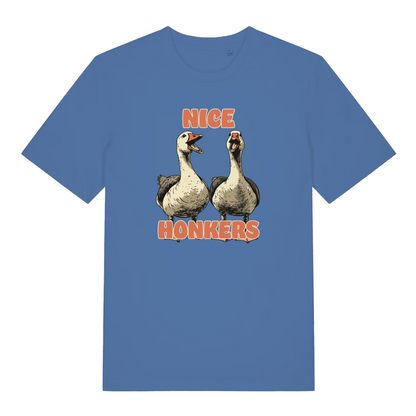 blue matching t-shirt with the graphic of two geese and the slogan 'nice honkers'