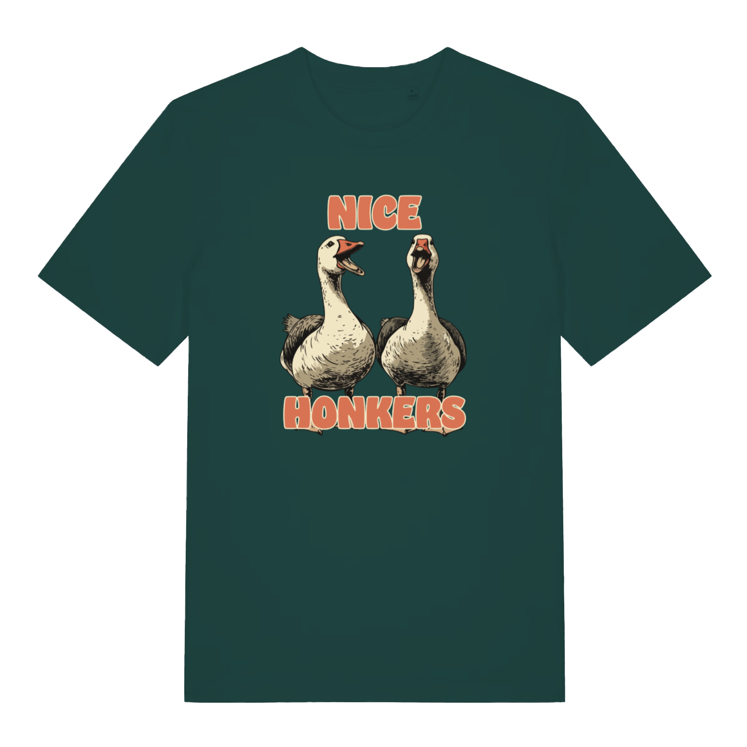 green matching t-shirt with the graphic of two geese and the slogan 'nice honkers'