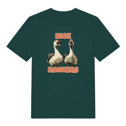 green matching t-shirt with the graphic of two geese and the slogan 'nice honkers'