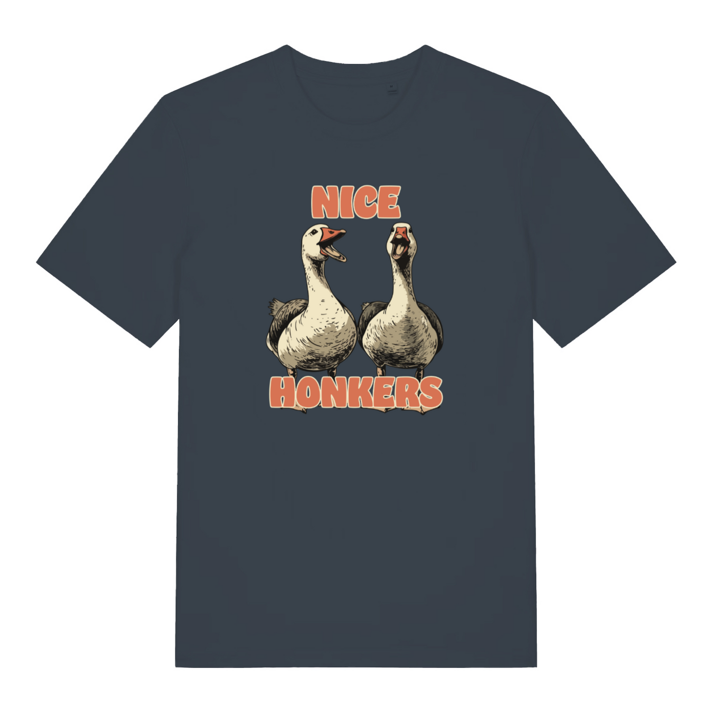 ink grey matching t-shirt with the graphic of two geese and the slogan 'nice honkers'