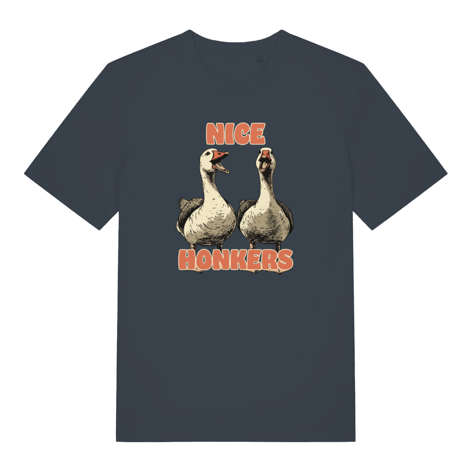 ink grey matching t-shirt with the graphic of two geese and the slogan 'nice honkers'