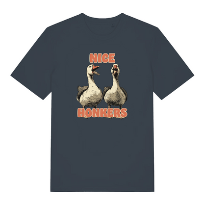 ink grey matching t-shirt with the graphic of two geese and the slogan 'nice honkers'