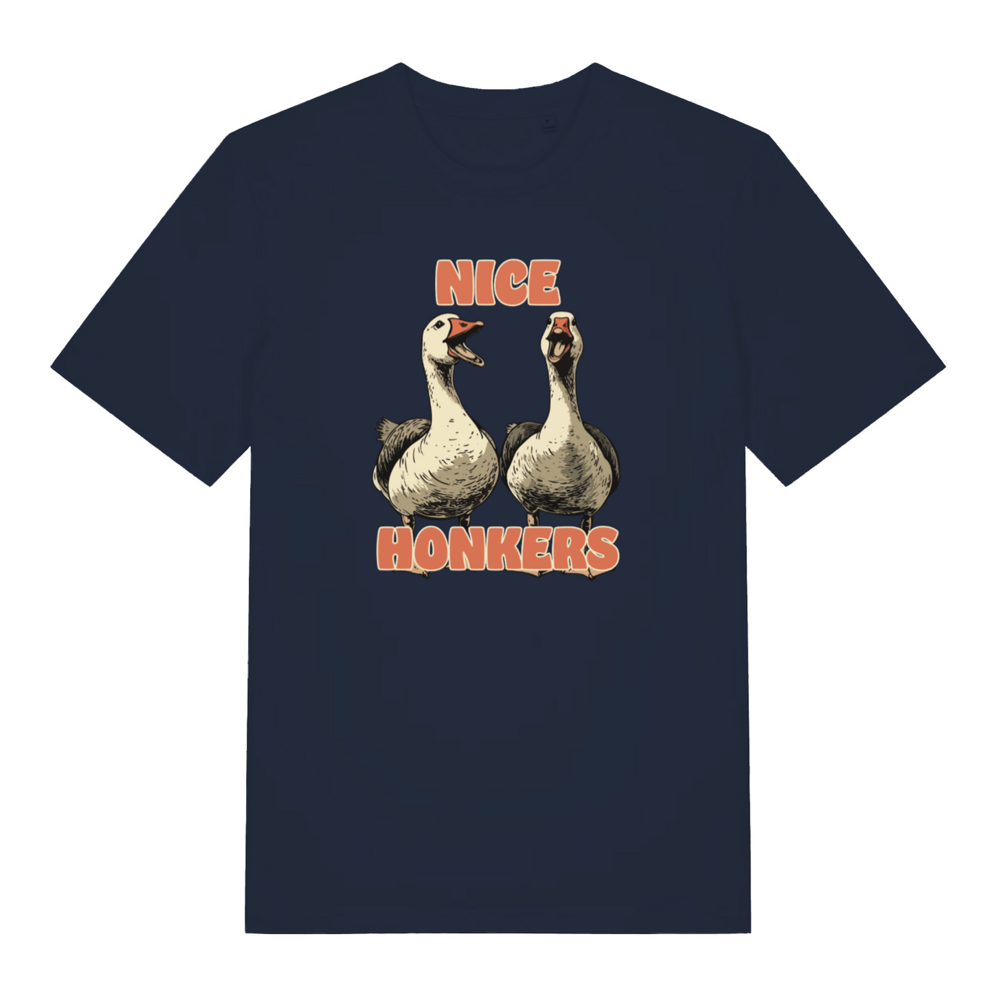 navy matching t-shirt with the graphic of two geese and the slogan 'nice honkers'