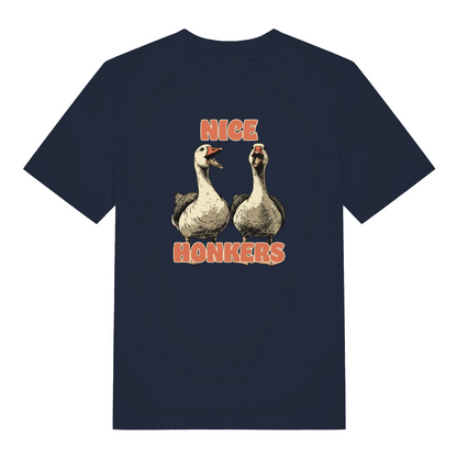navy matching t-shirt with the graphic of two geese and the slogan 'nice honkers'