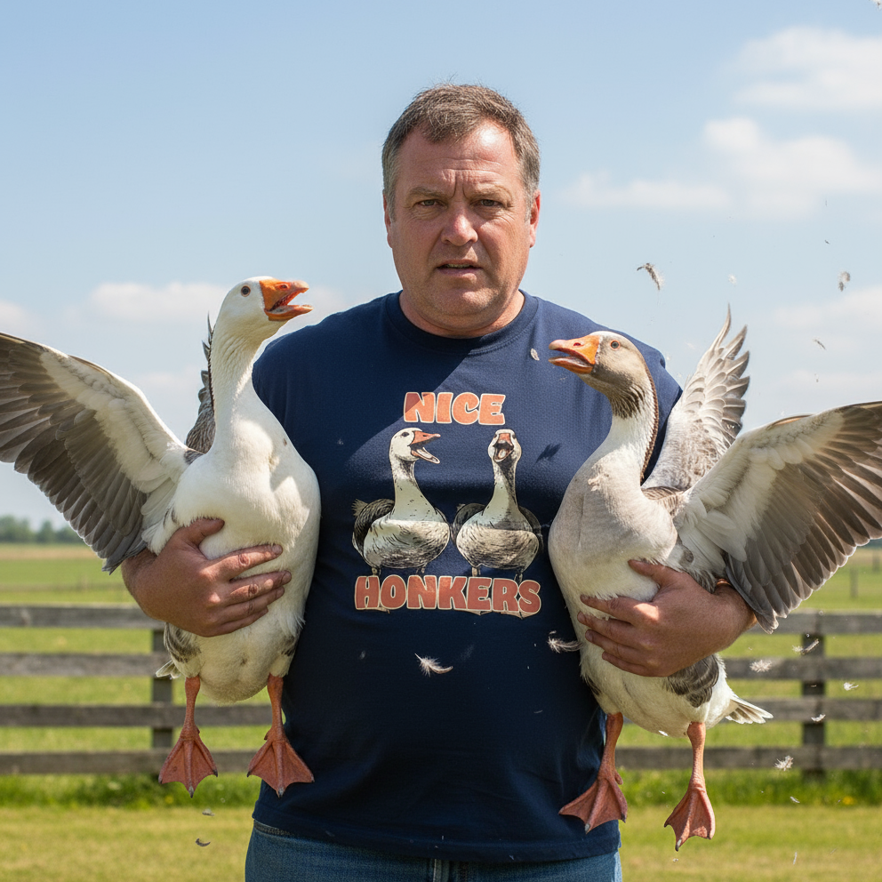 Man holding two geese with a 'Geeze Monkers' shirt in an outdoor setting