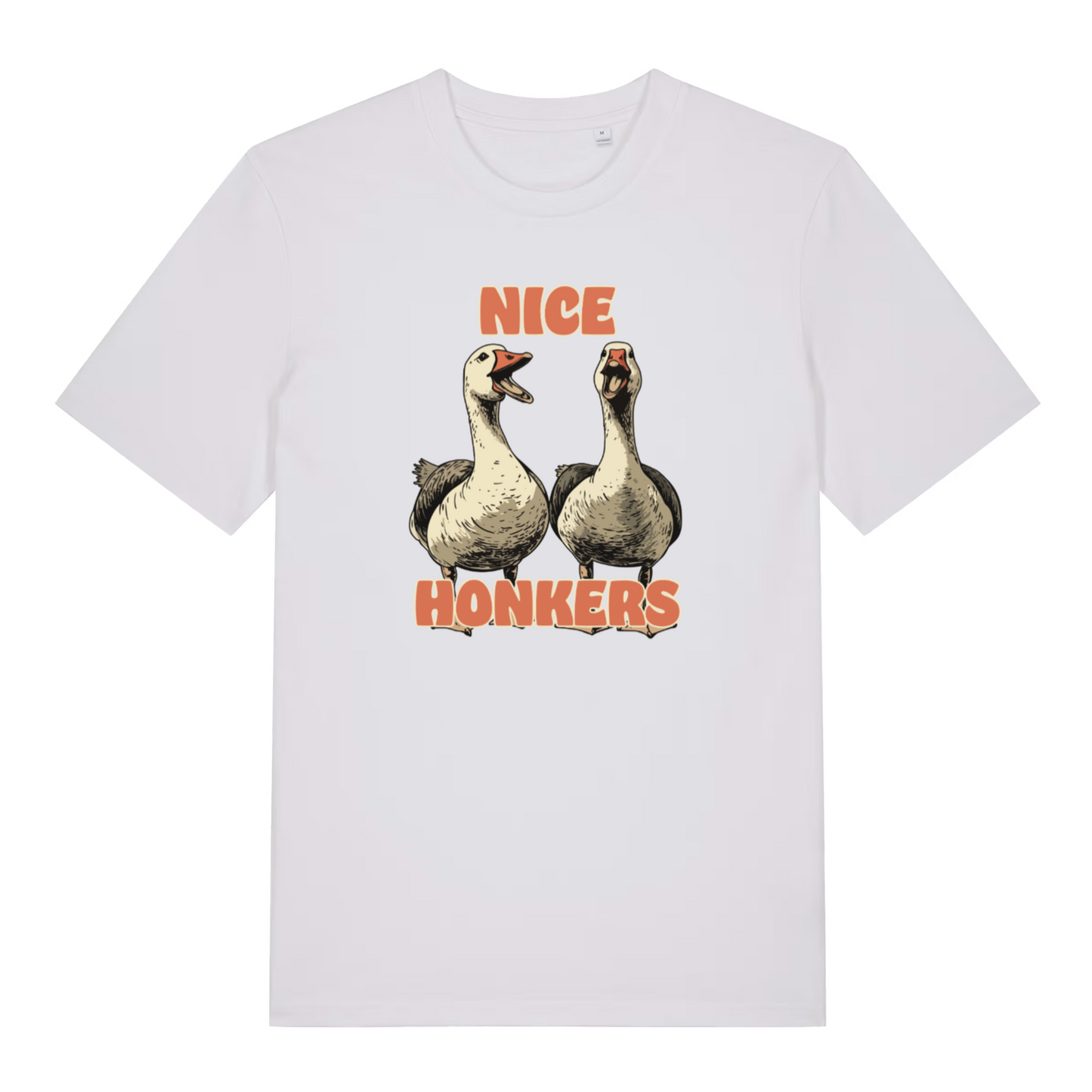 white matching t-shirt with the graphic of two geese and the slogan 'nice honkers'