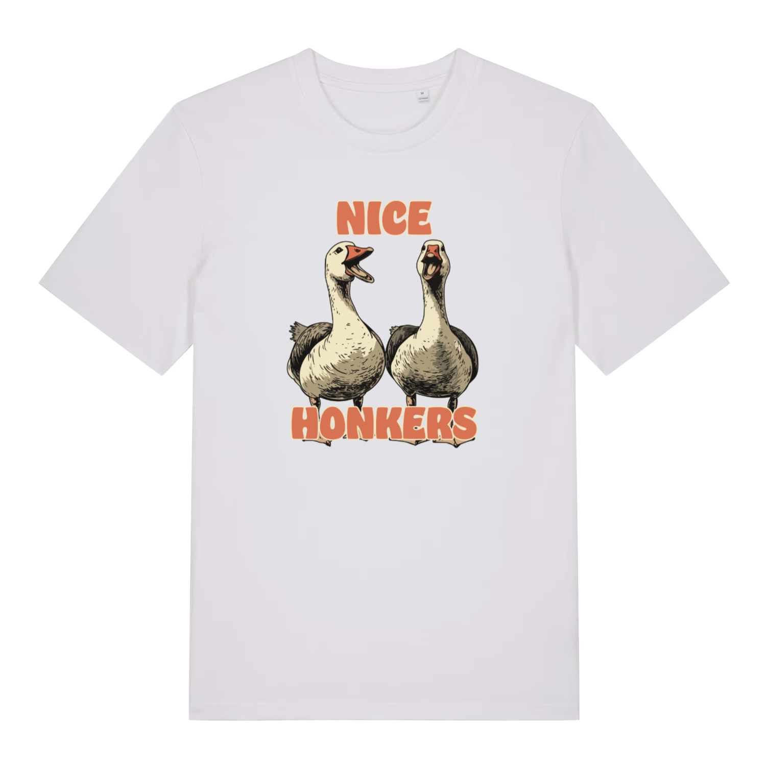 white matching t-shirt with the graphic of two geese and the slogan 'nice honkers'