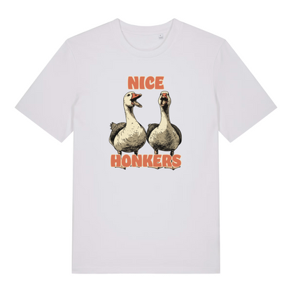 white matching t-shirt with the graphic of two geese and the slogan 'nice honkers'