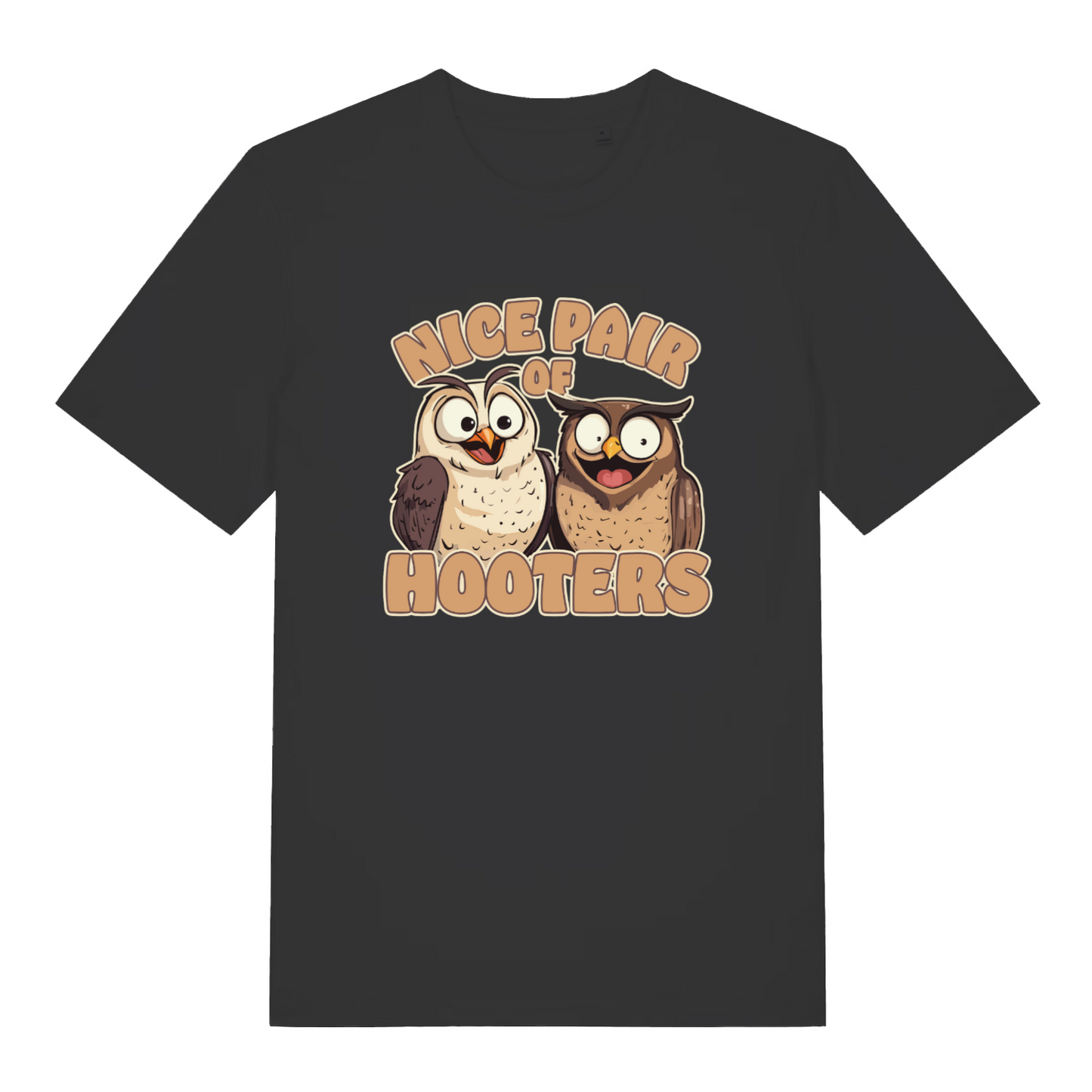 black matching t-shirt with the graphic of two owls and the slogan 'nice pair of hooters'