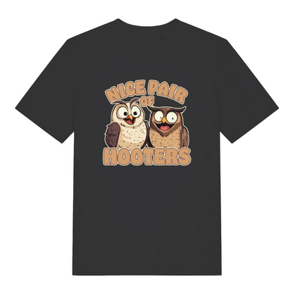 black matching t-shirt with the graphic of two owls and the slogan 'nice pair of hooters'